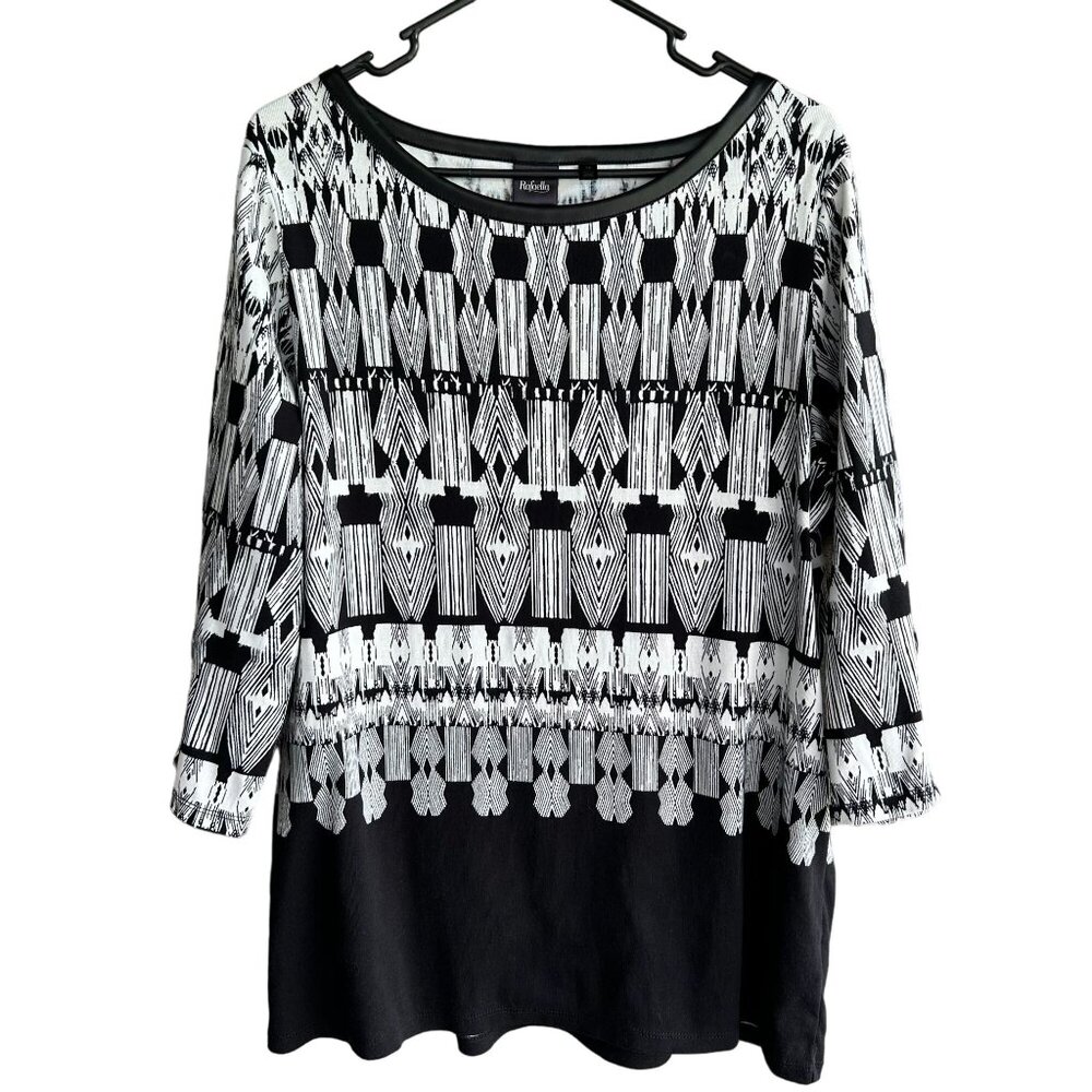 Rafaella Women's 1X Long Sleeve Geometric Print Tunic Top - Black & White Faux L